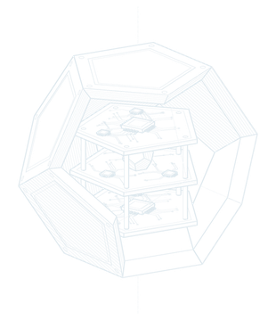 The twelve-faced device cut open, three boards and the core inside