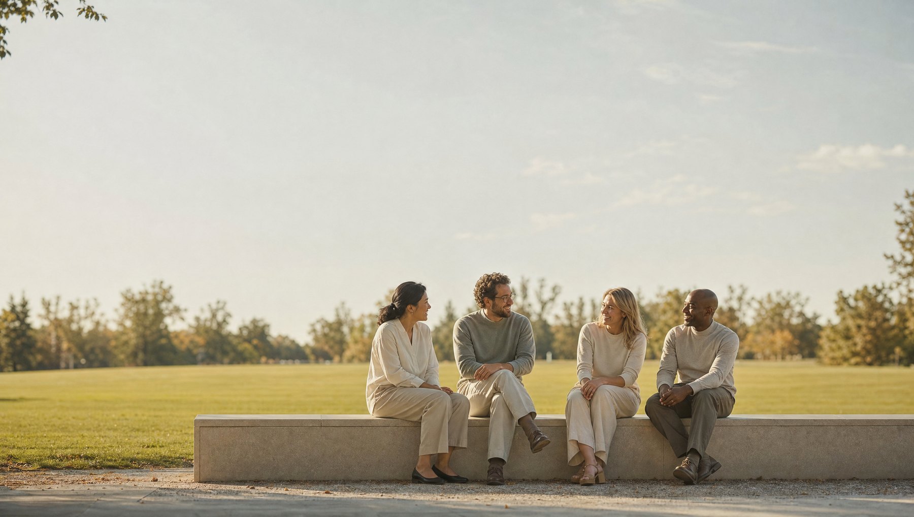 Four people talking on a stone bench in a park at golden hour