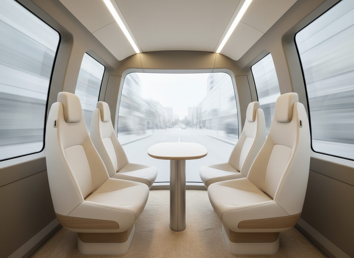The inside of a car with no steering wheel, dashboard or pedals: four cream lounge seats face each other around a small pedestal table, and the city streams past the forward window
