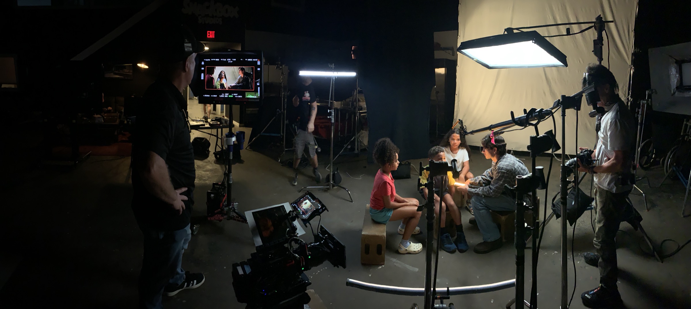 On set, the lit set with cast