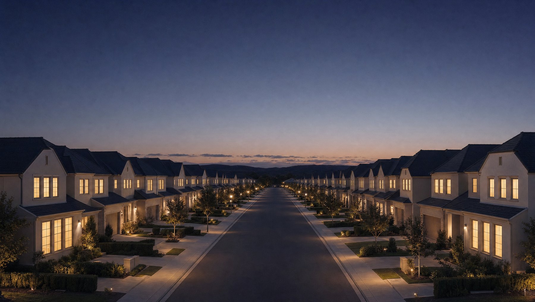 The same suburban street, lit
