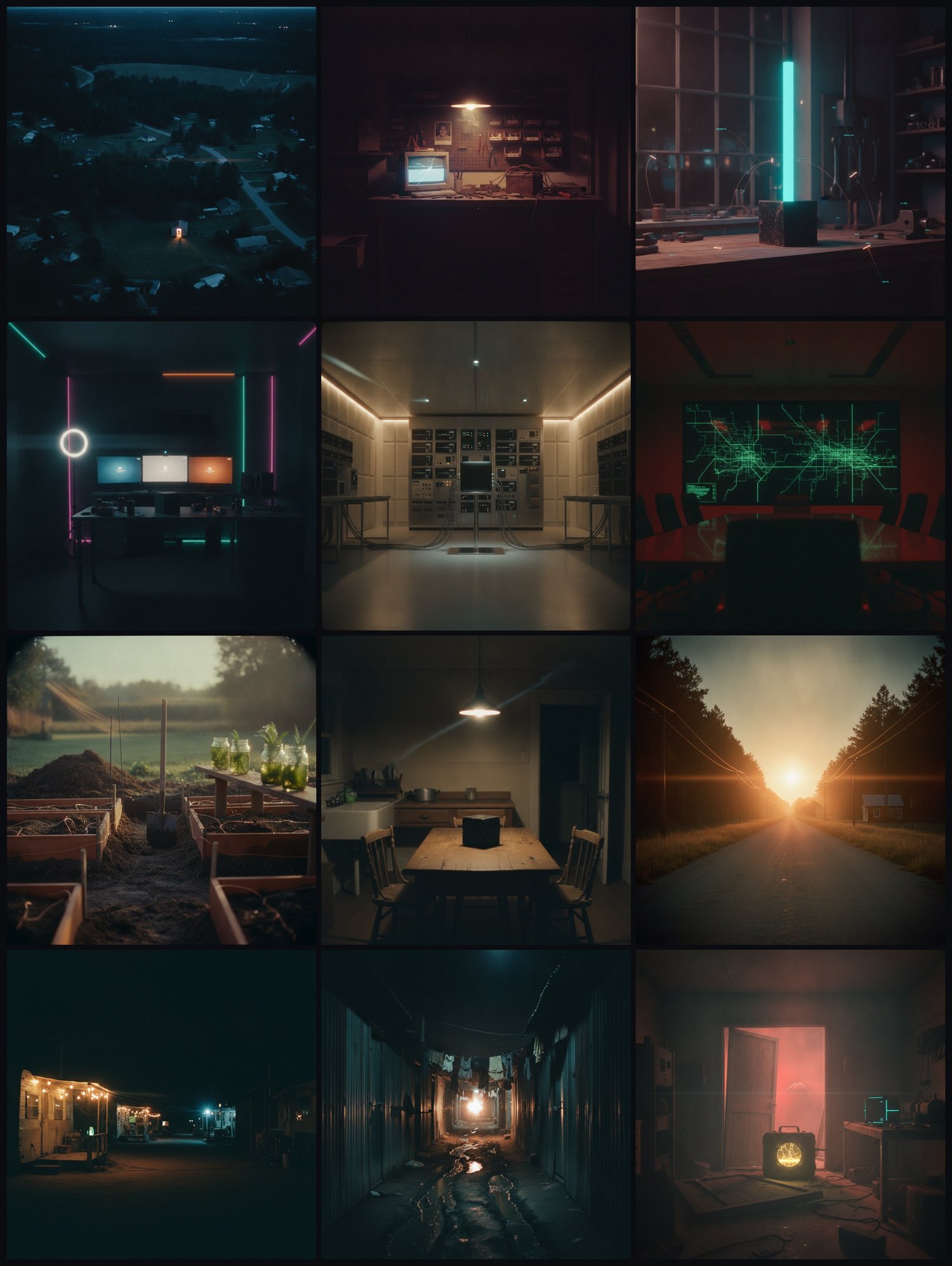 Twelve frames of the Meridian world: the town at dusk, the workshop, the boardroom, the greenhouse, the road at sunset