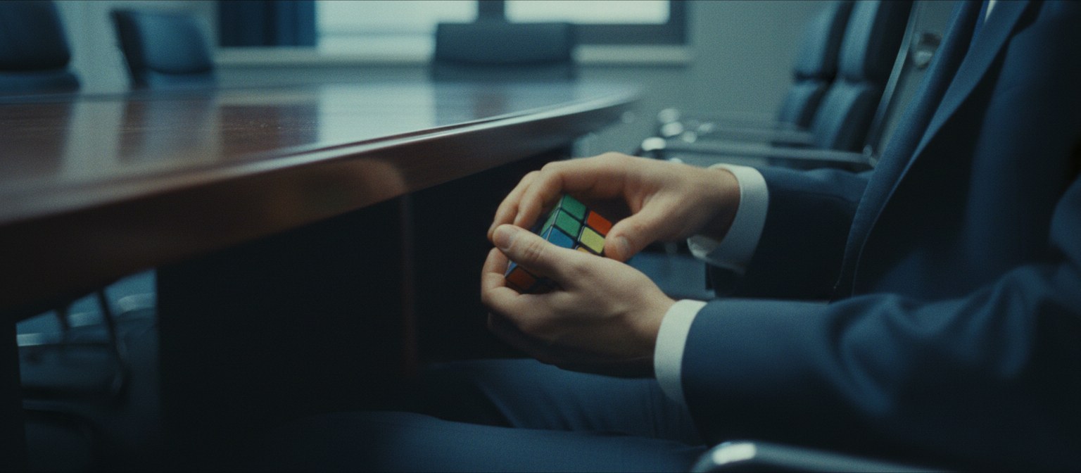 The CEO working a speed cube under the boardroom table